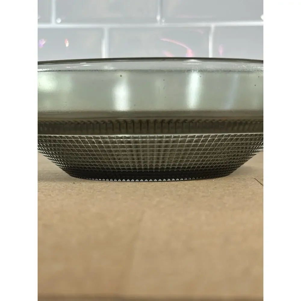 Vintage MCM smoky gray pressed glass serving bowl geometric diamond pattern